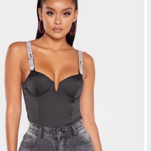 PRETTY LITTLE THING Bodysuit With Rhinestone Straps Size 12 Large 40” 🖤🤍